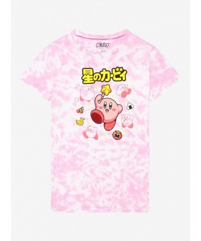 Kirby Star Wand Snacks Pink Tie-Dye Boyfriend Fit Girls T-Shirt $7.32 T-Shirts